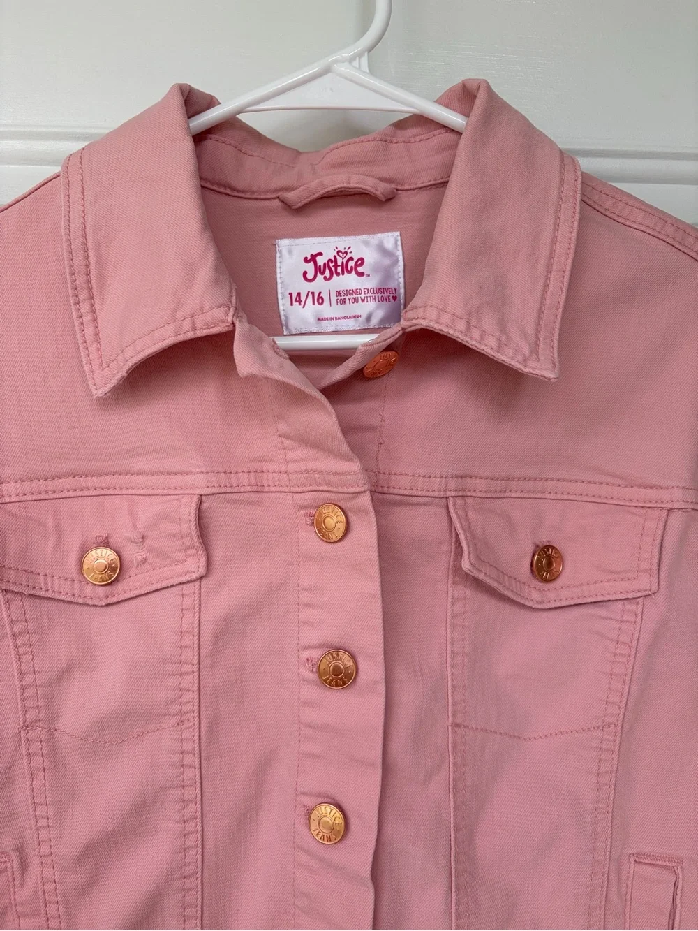 •Justice• Girls Blush Pink Frayed Hem Denim Jacket - Size 14/16